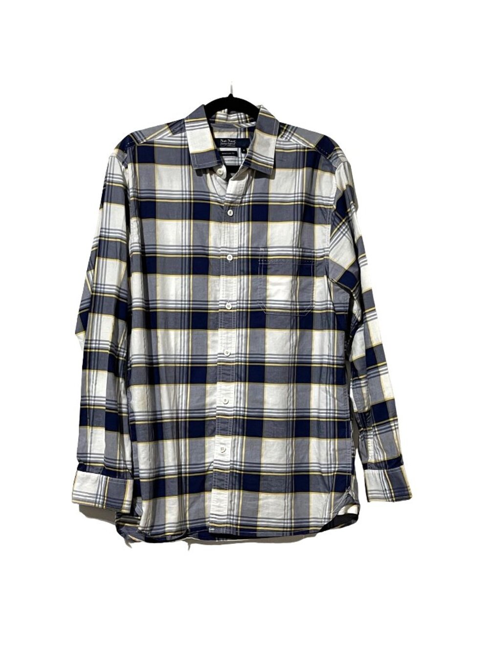 Nat Nast Mens Size Medium Long Sleeve Plaid Button-Down Cotton Shirt Blue/Yellow
